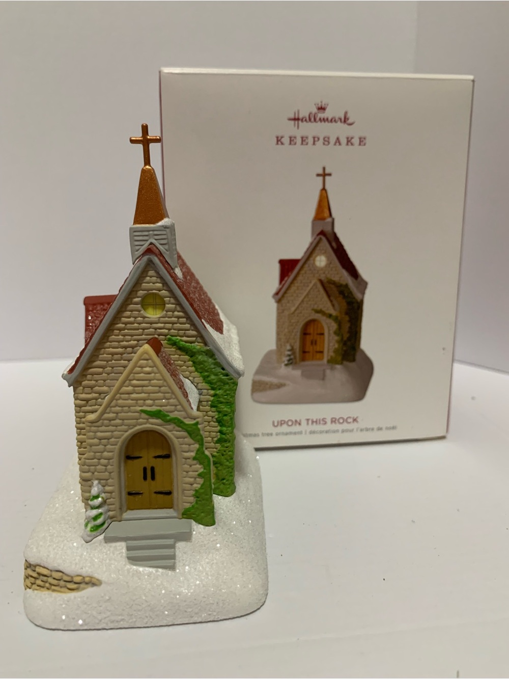 Hallmark Keepsake Tan Church Ornament with Gold Steeple & Green Vines